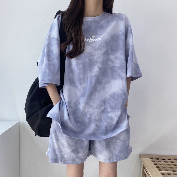 Conjunto de dos piezas para mujer: camiseta informal de manga corta con estampado tie-dye y pantalones cortos holgados