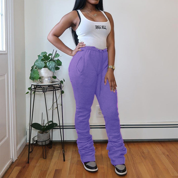 Clearance Sale Women Fashion Casual Elastic High Waist Gathered Drawstring Pile Pants