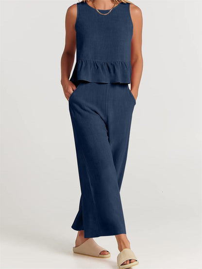 Conjunto informal de verano para mujer, blusa sin mangas con volantes y pantalones de pierna ancha