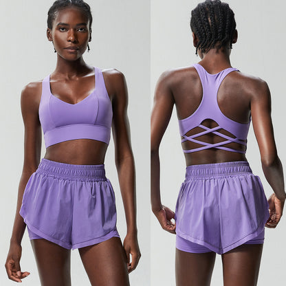 Women Casual Solid Color Sports Fitness Quick-Drying Top Tennis Yoga Pants Two-Piece Set