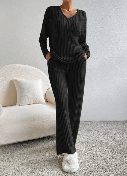 Conjunto de dos piezas de top y pantalones rectos de manga larga de punto con cuello en V informal para mujer