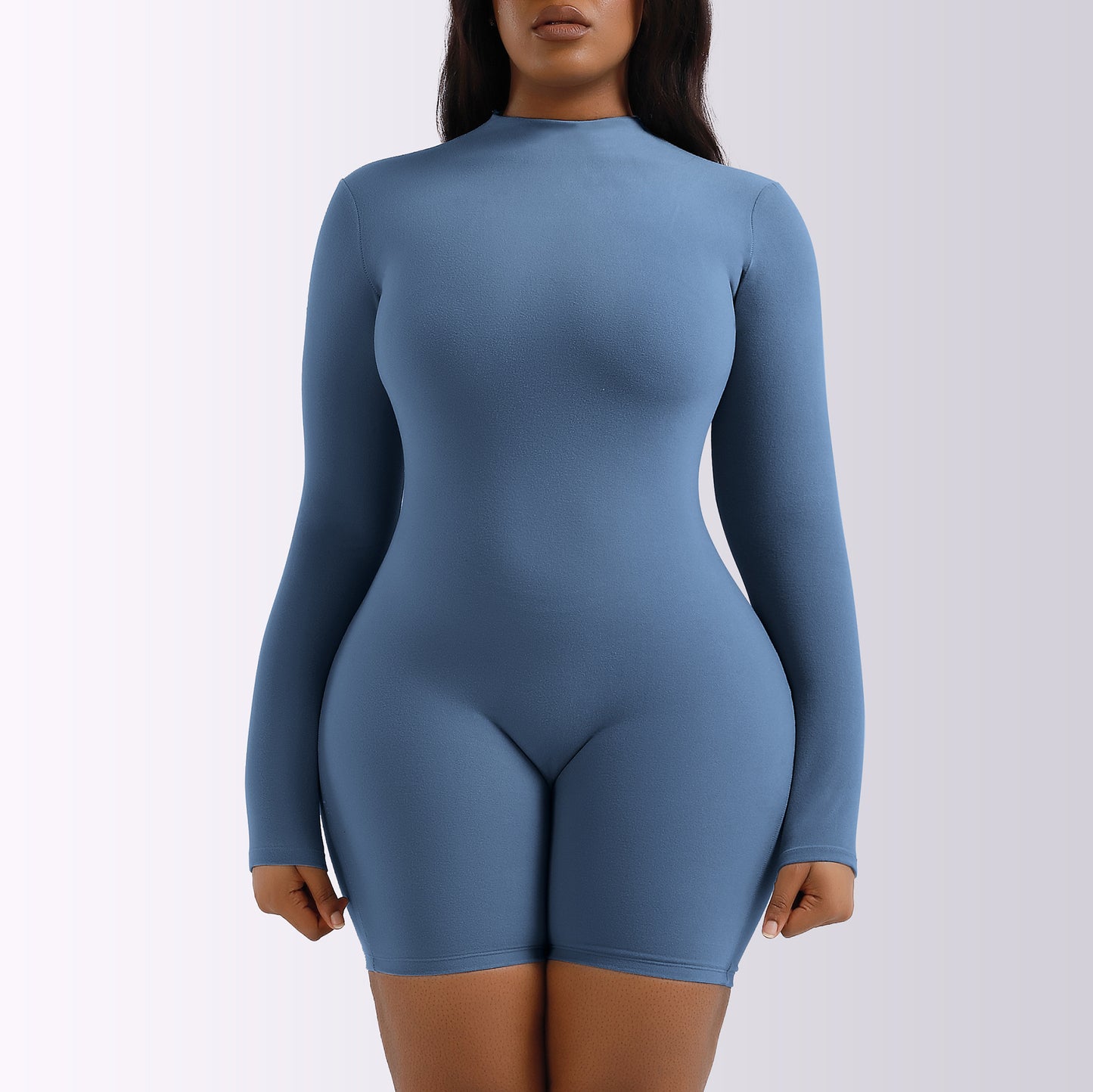 Mono informal de color liso con manga larga, cuello redondo y cintura sencilla para mujer