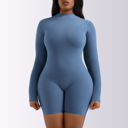 Mono informal de color liso con manga larga, cuello redondo y cintura sencilla para mujer