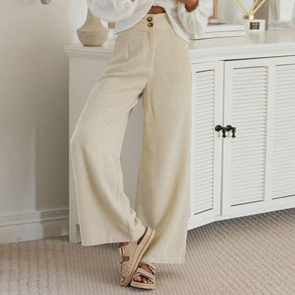 Pantalones casuales elásticos de pana con doble botón para mujer de otoño e invierno
