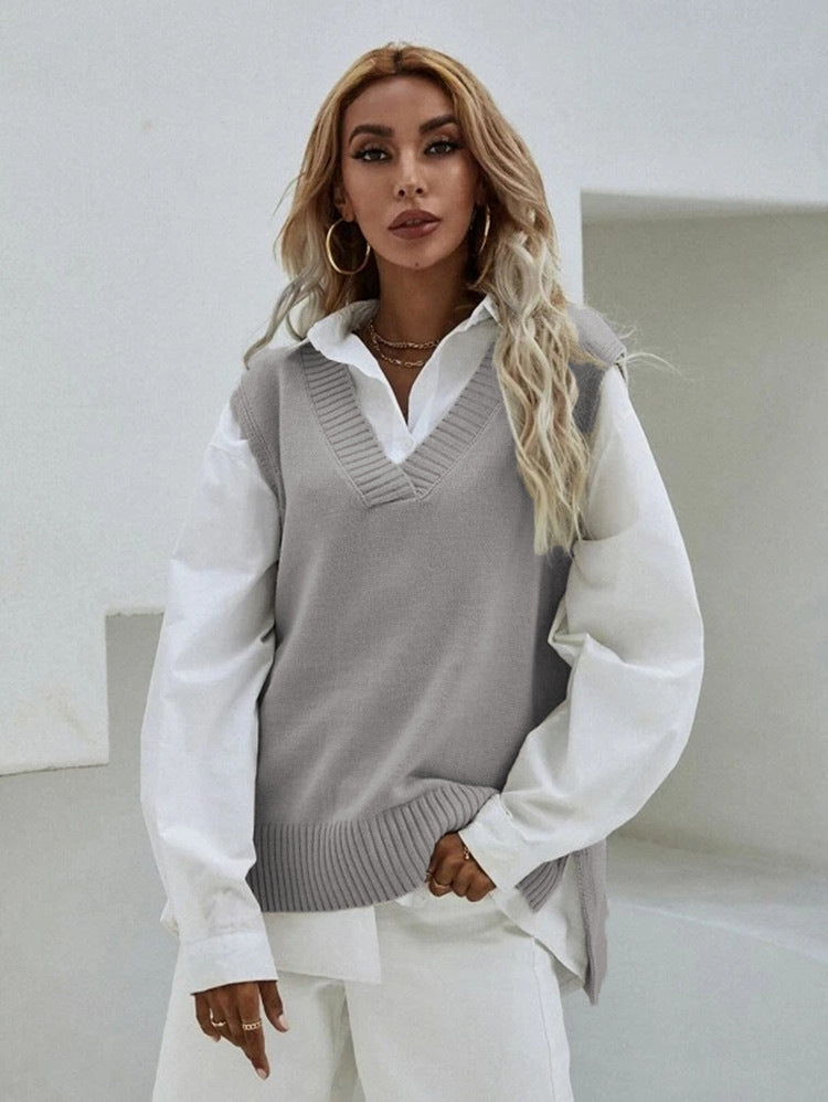Women Casual V Neck Solid Color Knitted Tank Top