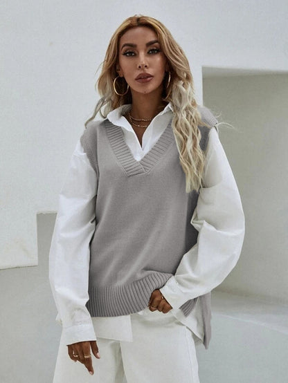 Women Casual V Neck Solid Color Knitted Tank Top