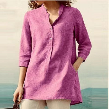 Camisa informal de lino y algodón con cuello de color liso para mujer