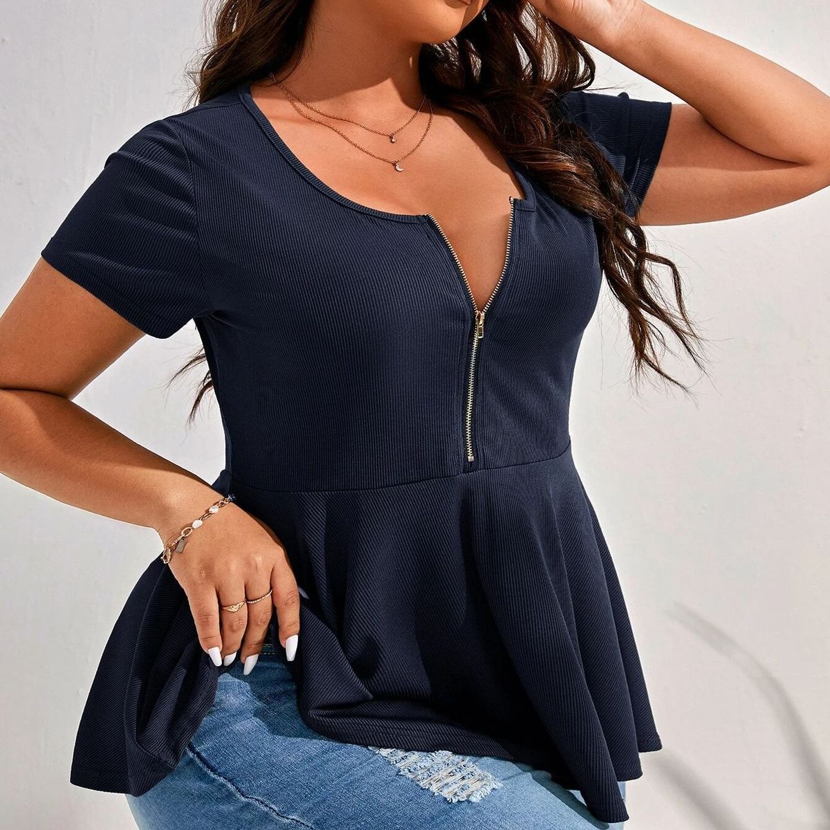 Women Fashion Casual Plus Size Solid Color Short-Sleeved Zipper Slim Fit T-Shirt