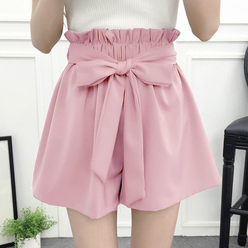 Women Fashion Casual Solid Color Lace-Up Wide-Leg Shorts