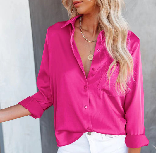 Blusa informal de manga larga con solapa y color liso para mujer