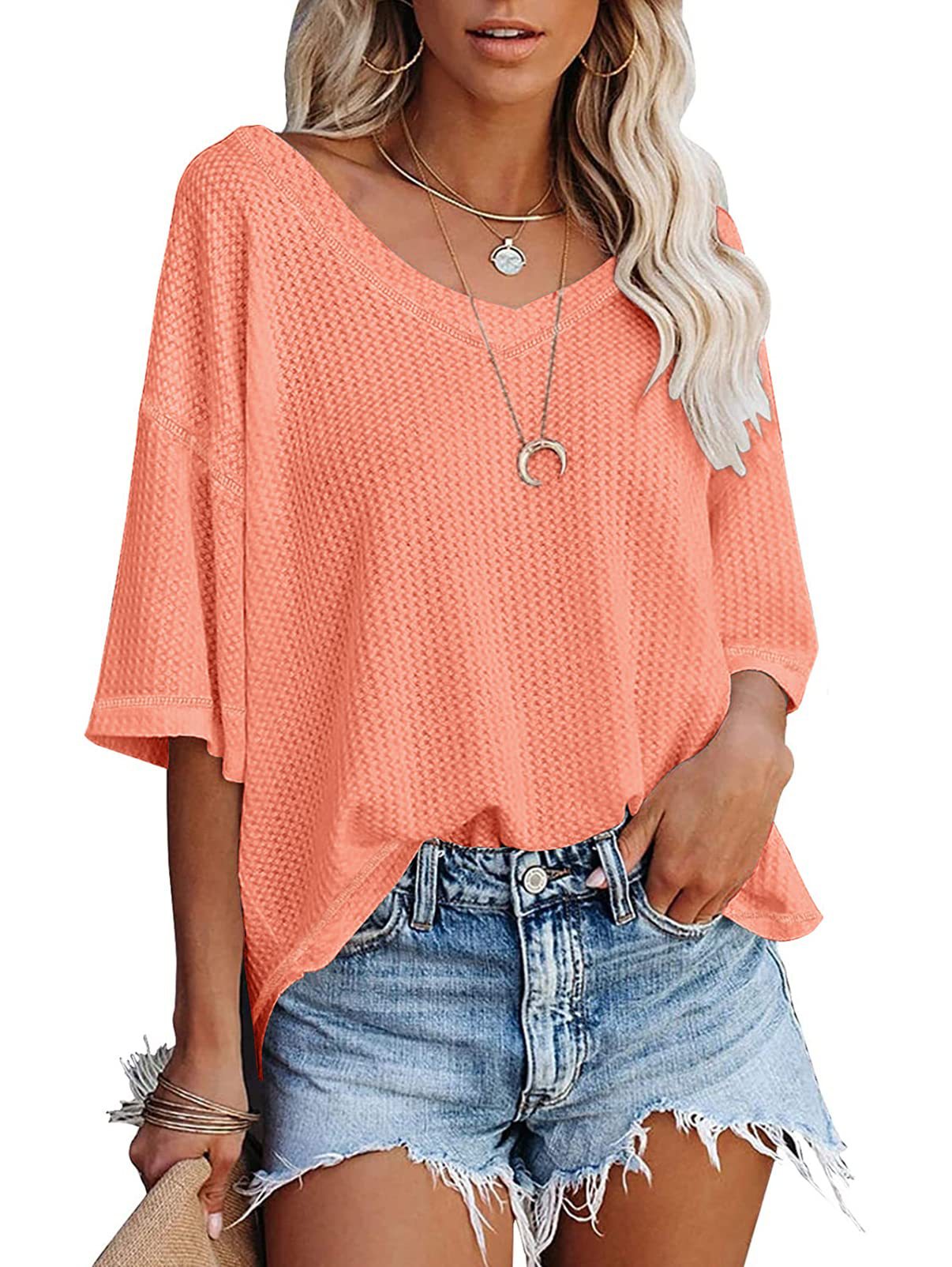 Prendas de punto informales con cuello en V y mangas cortas de color liso para mujer