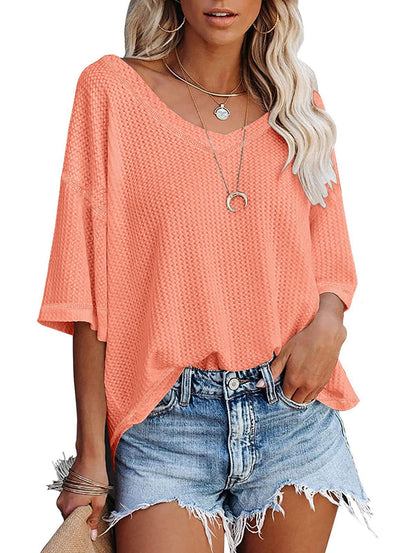 Prendas de punto informales con cuello en V y mangas cortas de color liso para mujer
