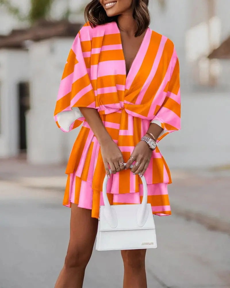Vestido informal con estampado geométrico y mangas murciélago y cuello en V para mujer