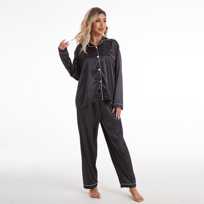 Conjunto de pijama de manga larga de seda helada con solapa informal y sencillo para mujer