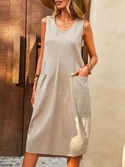 Women Casual Solid Color Cotton Linen Sleeveless Loose U-Neck Dress
