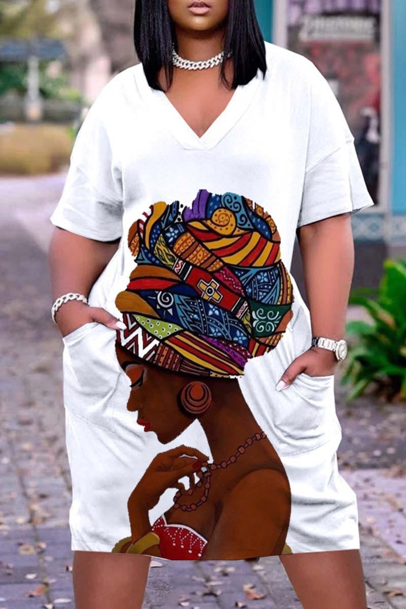 Women Casual Graffiti Printed Vintage 3D Pocket Loose Plus Size Dress