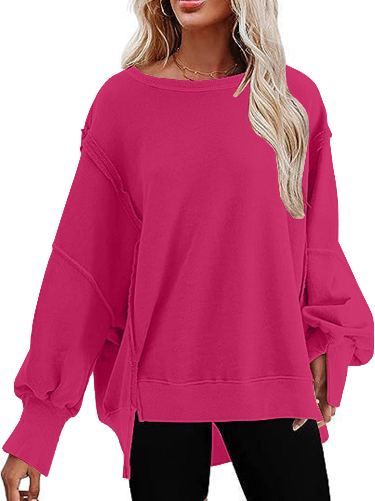 Sudadera informal de otoño para mujer, holgada, de color liso, con cuello redondo y manga larga