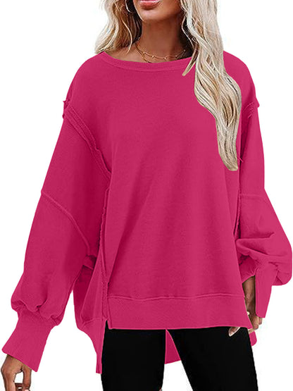 Sudadera informal de otoño para mujer, holgada, de color liso, con cuello redondo y manga larga