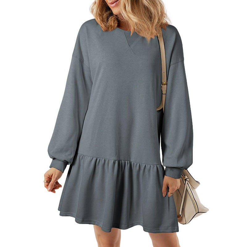 Vestido mini informal de manga larga con cuello redondo y color liso para mujer