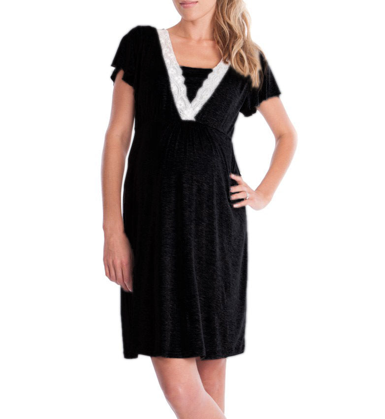 Vestido de lactancia de manga corta con encaje y escote en V profundo informal para embarazadas