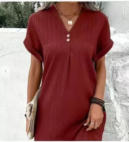 Women Casual V-Neck Solid Color Dress