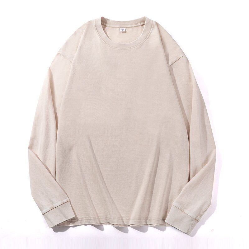 Camiseta holgada informal de manga larga con cuello redondo y color liso para mujer