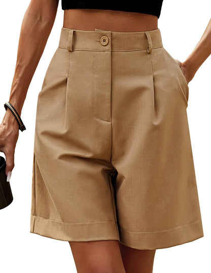 Women Fashion Casual Solid Color Elastic Waist Wide Leg Pockets Shorts