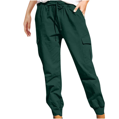 Women Solid Color Casual Fashion Pocket Lace-Up High Waist Pants