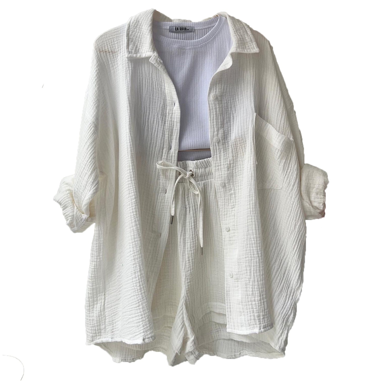 Conjunto informal de dos piezas para mujer, con solapa plisada, manga larga y pantalones cortos de cintura alta, color liso
