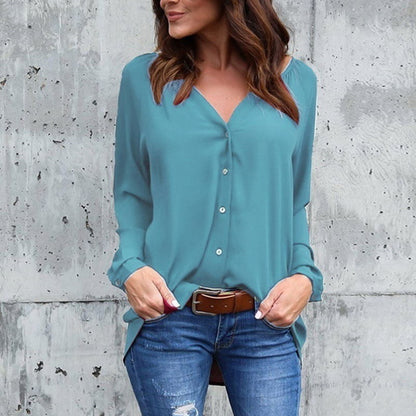 Blusa informal de gasa holgada con cuello en V y botones de manga larga para mujer