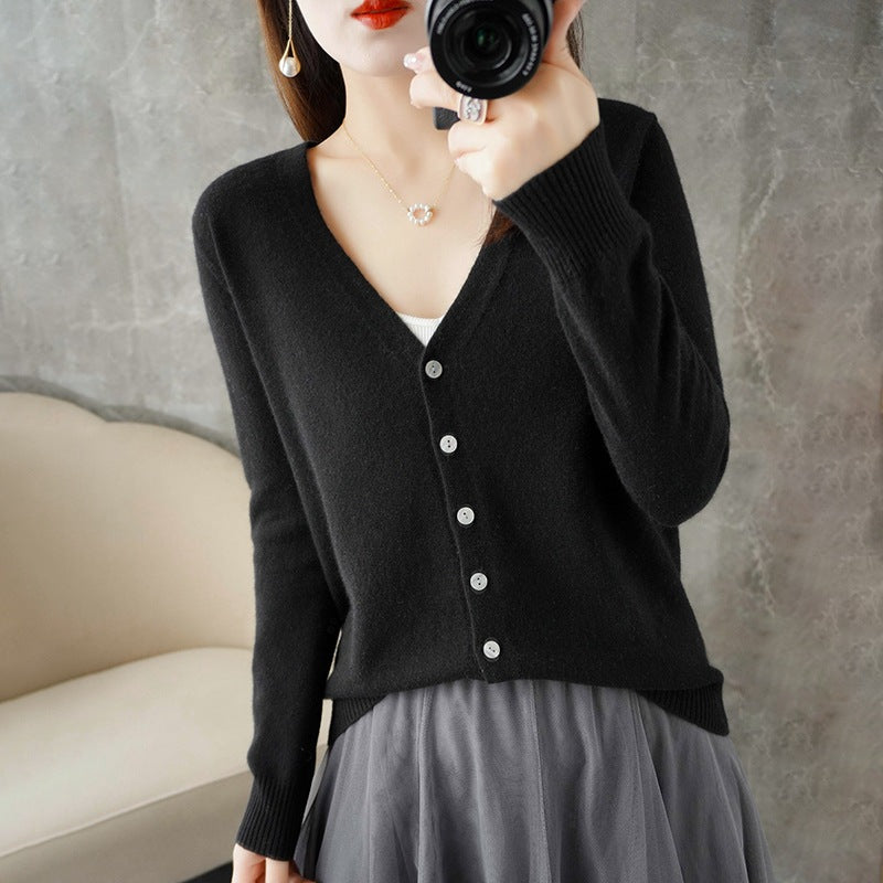 Chaqueta de punto con cuello en V informal de manga larga para mujer