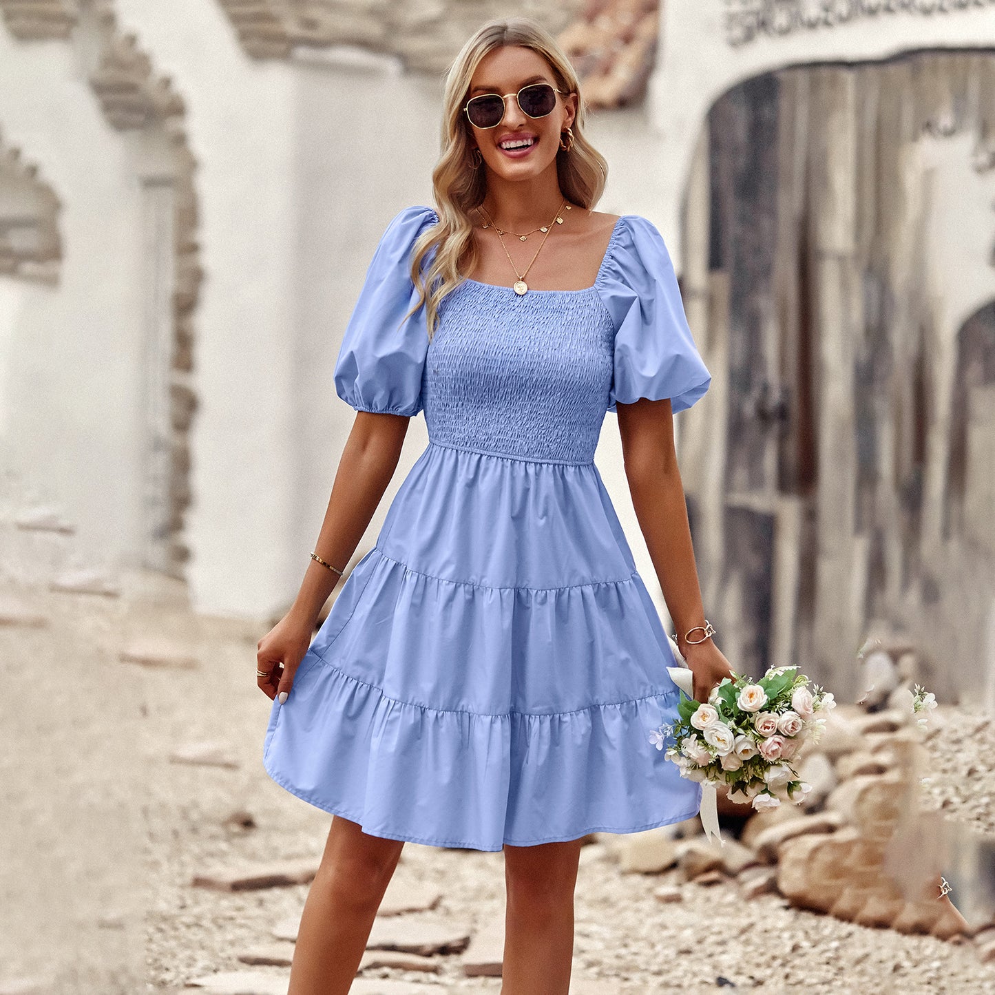Women Casual Solid Color Square Neck Lantern Sleeve Dress