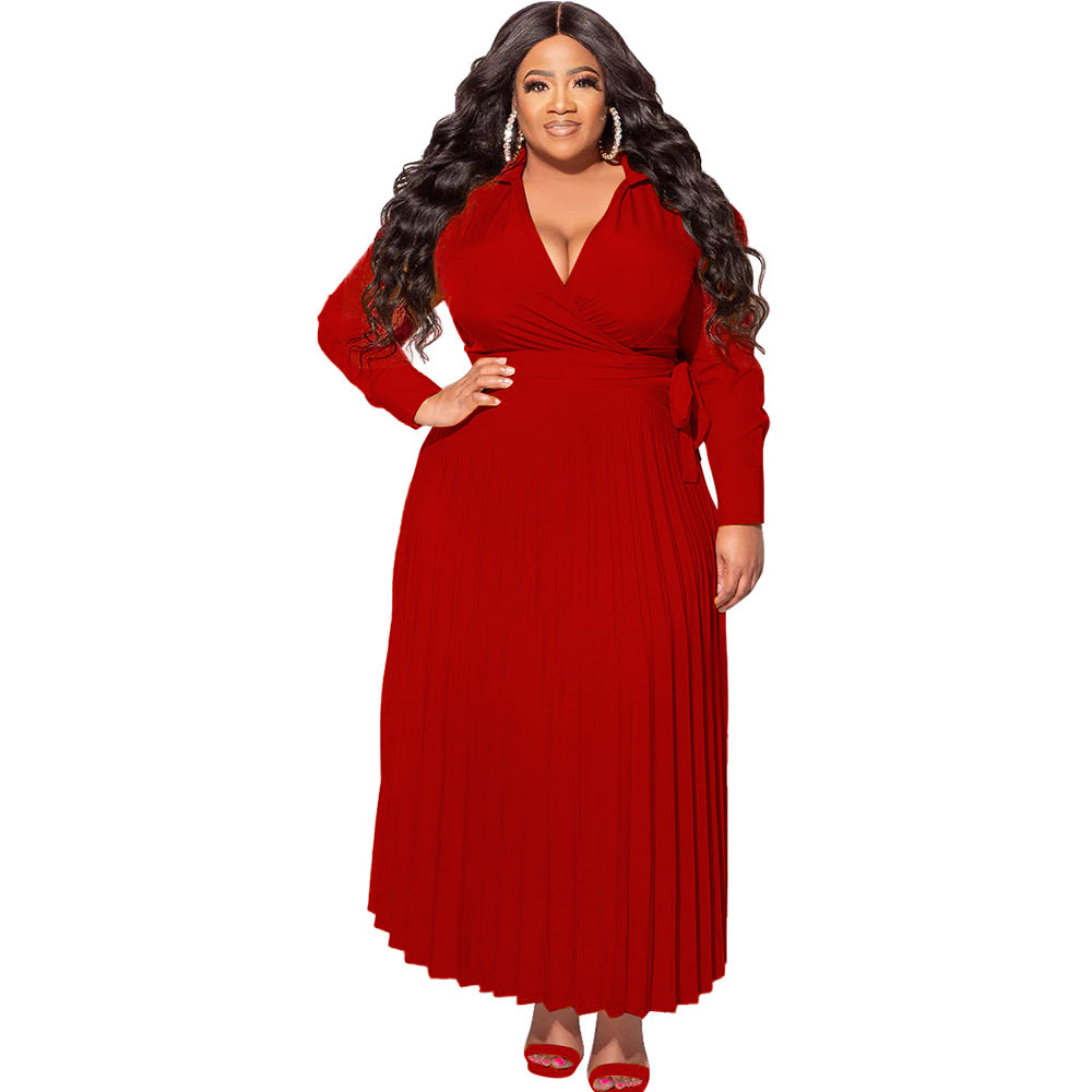 Women Fashion Casual Solid Color Plus Size V-Neck Lace-Up Long Sleeve Pleated Dress