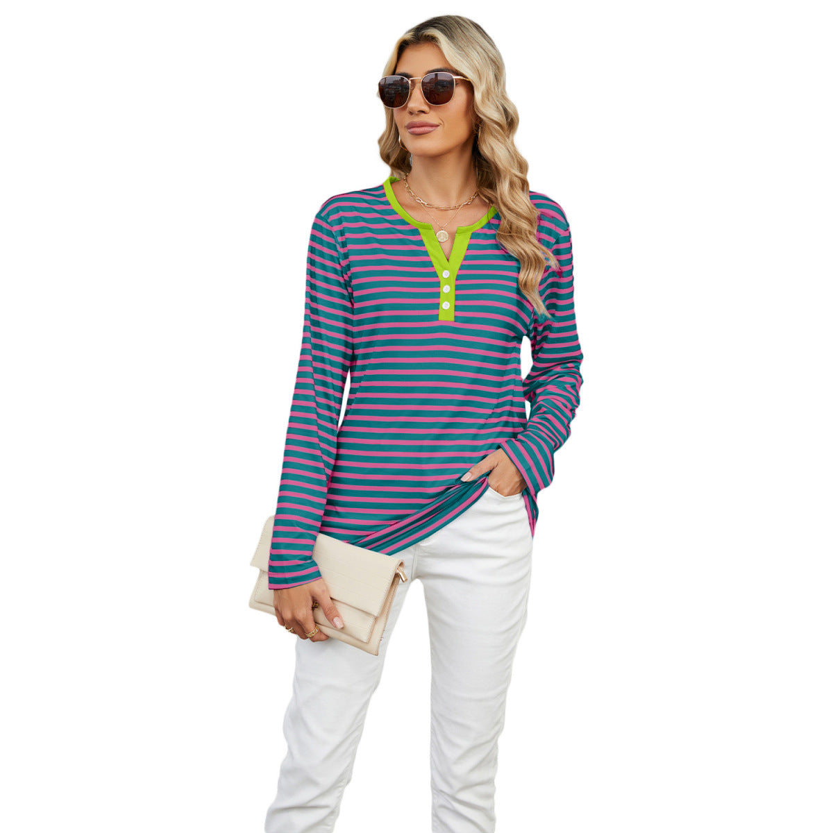 Camiseta informal de verano para mujer con cuello en V y estampado de rayas de manga larga