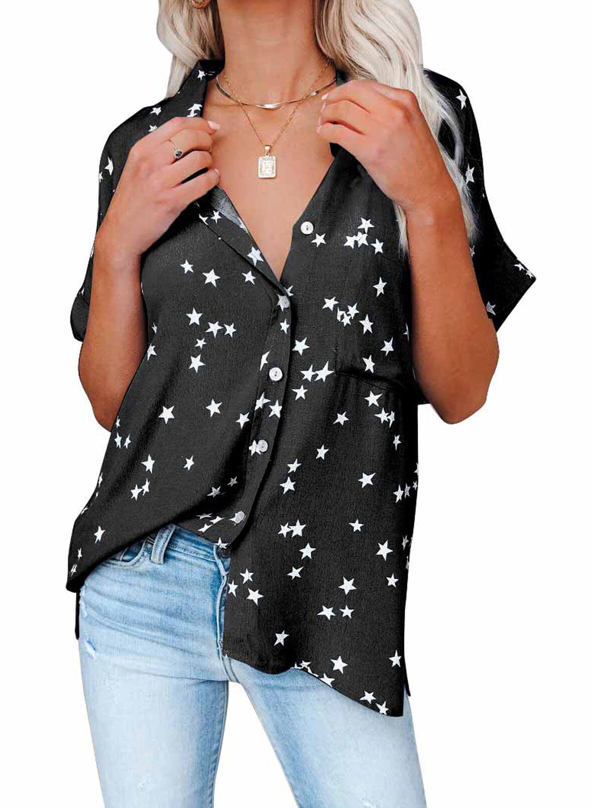 Summer Casual Women Star Print V-Neck Bat Short Sleeve Shirt Blouse