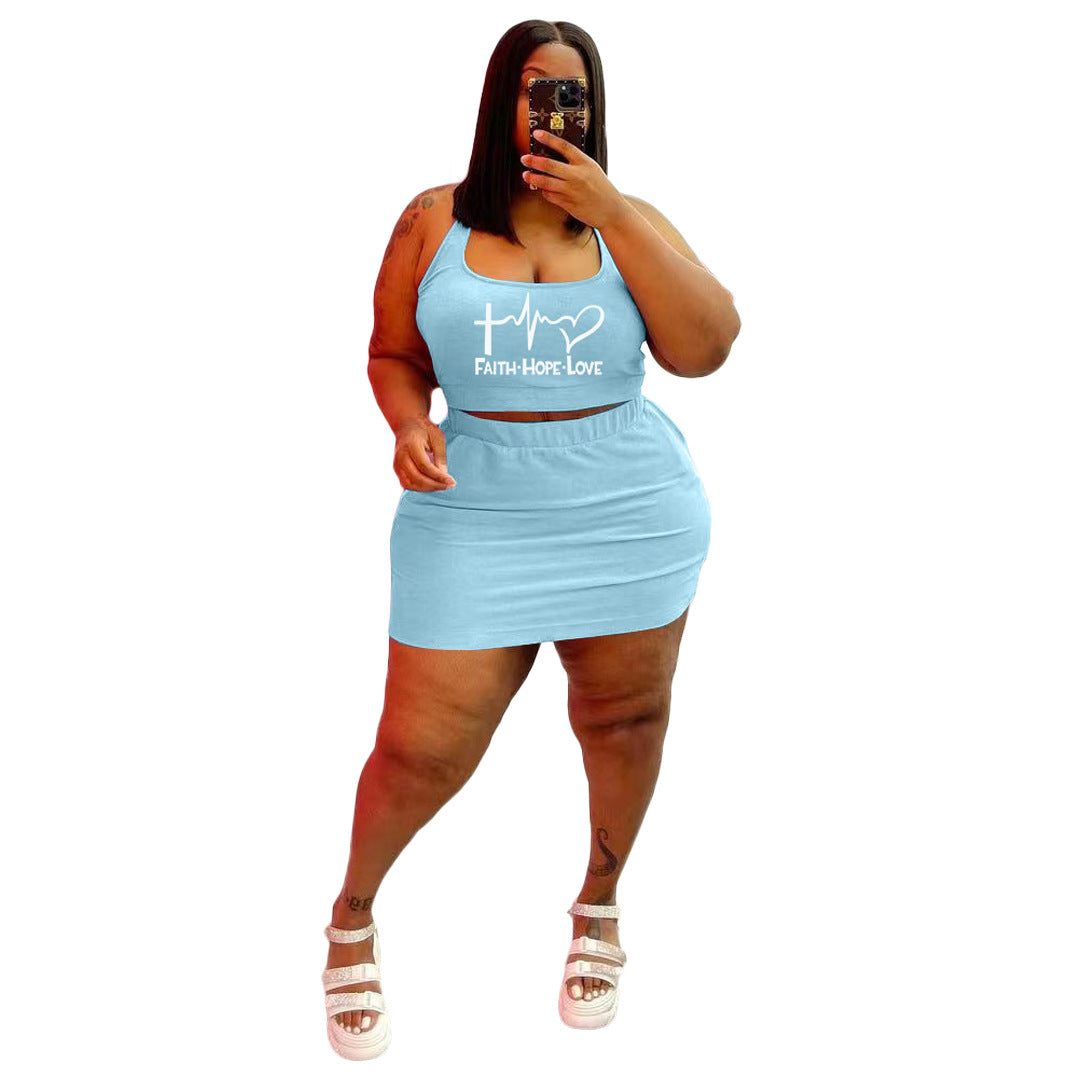 Conjunto de dos piezas de top corto y falda con estampado de letras Faith Love, informal, deportivo, sin mangas, talla grande, para mujer