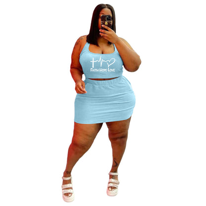 Conjunto de dos piezas de top corto y falda con estampado de letras Faith Love, informal, deportivo, sin mangas, talla grande, para mujer