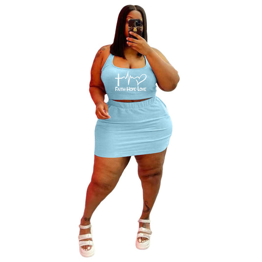 Conjunto de dos piezas de top corto y falda con estampado de letras Faith Love, informal, deportivo, sin mangas, talla grande, para mujer
