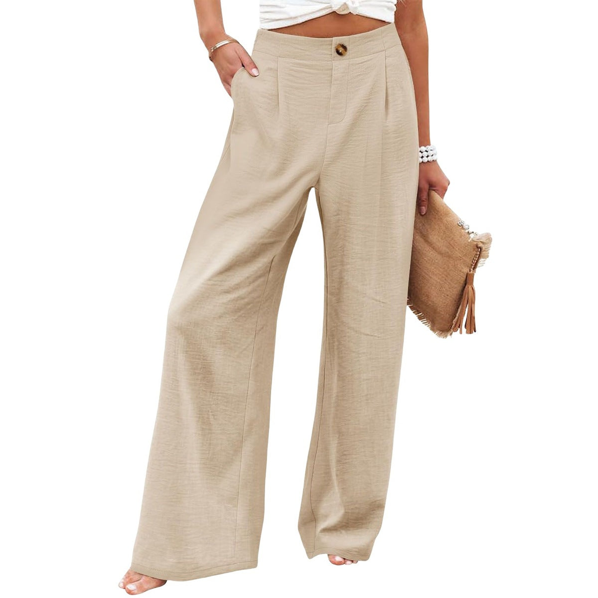 Pantalones anchos con botones y cintura alta con estampado floral a rayas informales para mujer