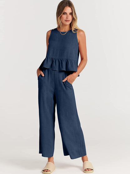 Conjunto de dos piezas de top informal sin mangas y pantalón ancho para mujer