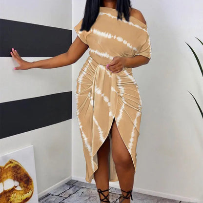 Women Slanted Shoulder Printed Short Sleeve Neck Waist Irregular Casual Dress
