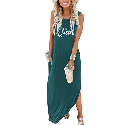 Vestido largo informal sin mangas con estampado de letras Queen para mujer