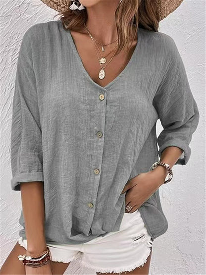 Camisa informal de manga larga con botones y cuello en V de color liso a la moda para mujer