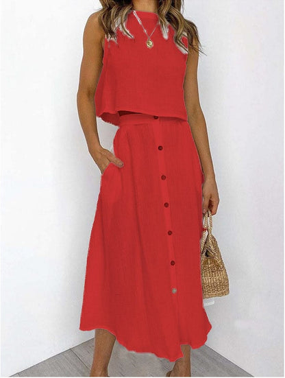 Conjunto de dos piezas de camiseta sin mangas con cuello redondo informal para mujer, largo midi y falda con botones.