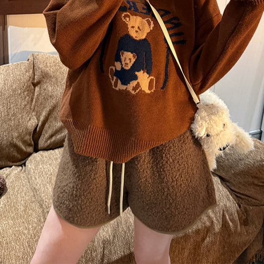 Women Fashion Casual Lamb Fleece High-Waist Wide Leg Shorts