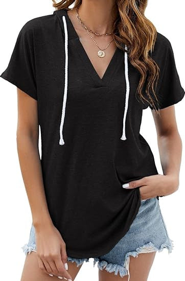 Camiseta holgada informal de manga corta con cuello en V y color liso para mujer