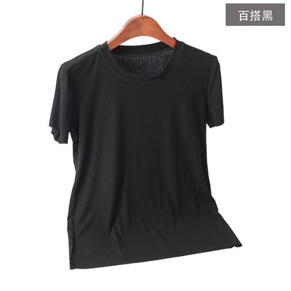 Camiseta informal de verano para mujer, de color liso, con cuello redondo y manga corta en blanco