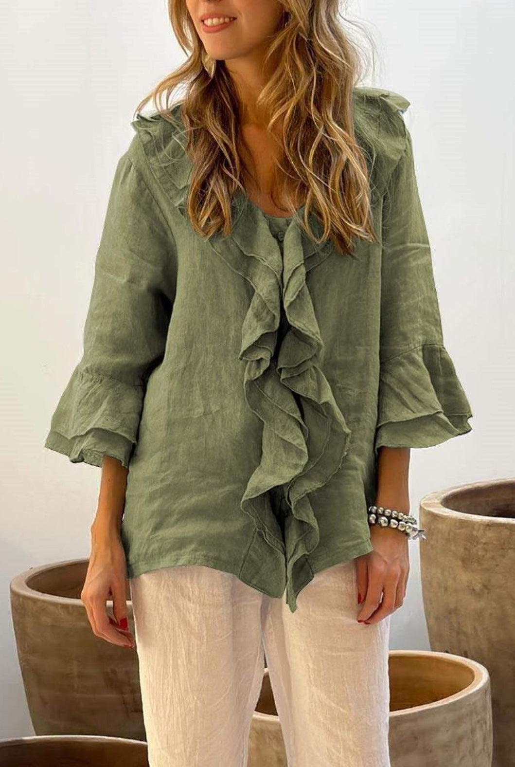 Blusa holgada informal de manga larga con volantes y escote en V de color liso para mujer