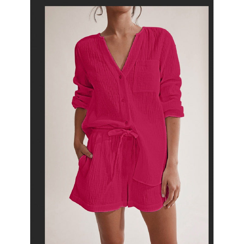 Conjunto de pijama informal de algodón de doble gasa de color liso y manga larga para mujer