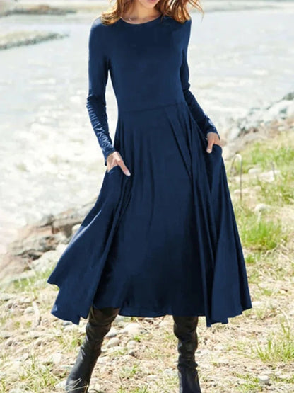 Women Casual Solid Color Round Neck Long Sleeve Dress